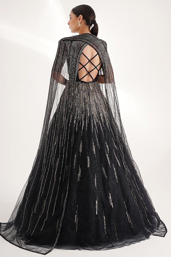 Black Glitter Net Sequins & Cutdana Embellished Engagement Gown With Cape by Chaashni by Maansi and Ketan at Pernia's Pop Up Shop