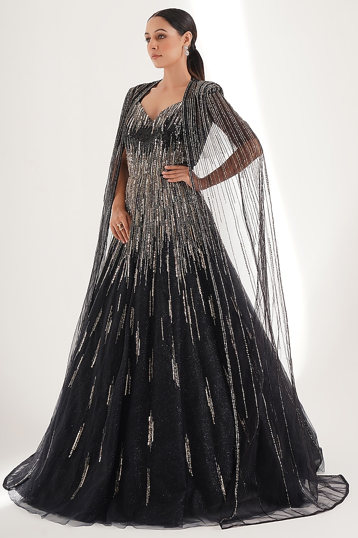 Black Glitter Net Sequins & Cutdana Embellished Engagement Gown With Cape by Chaashni by Maansi and Ketan at Pernia's Pop Up Shop