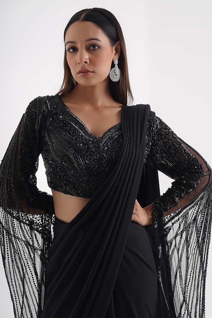 Black Lycra Wedding Saree Set by Chaashni by Maansi and Ketan at Pernia's Pop Up Shop