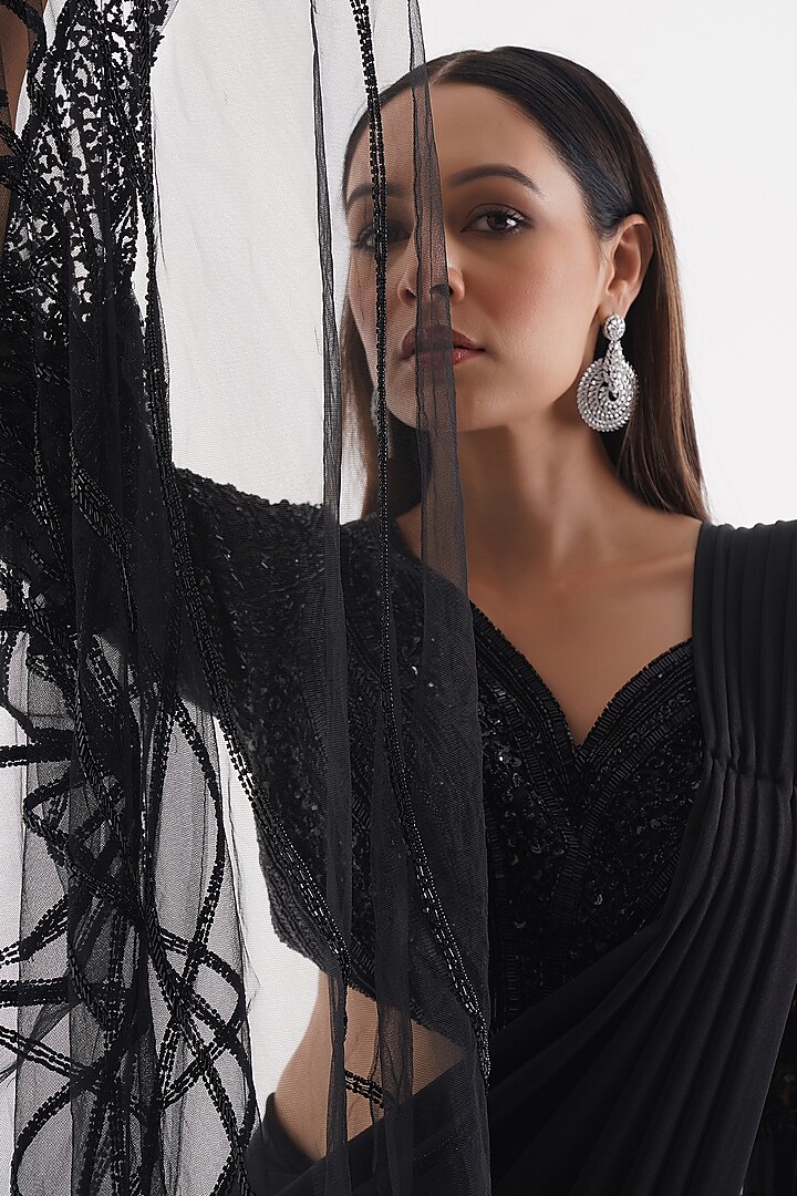 Black Lycra Wedding Saree Set by Chaashni by Maansi and Ketan at Pernia's Pop Up Shop