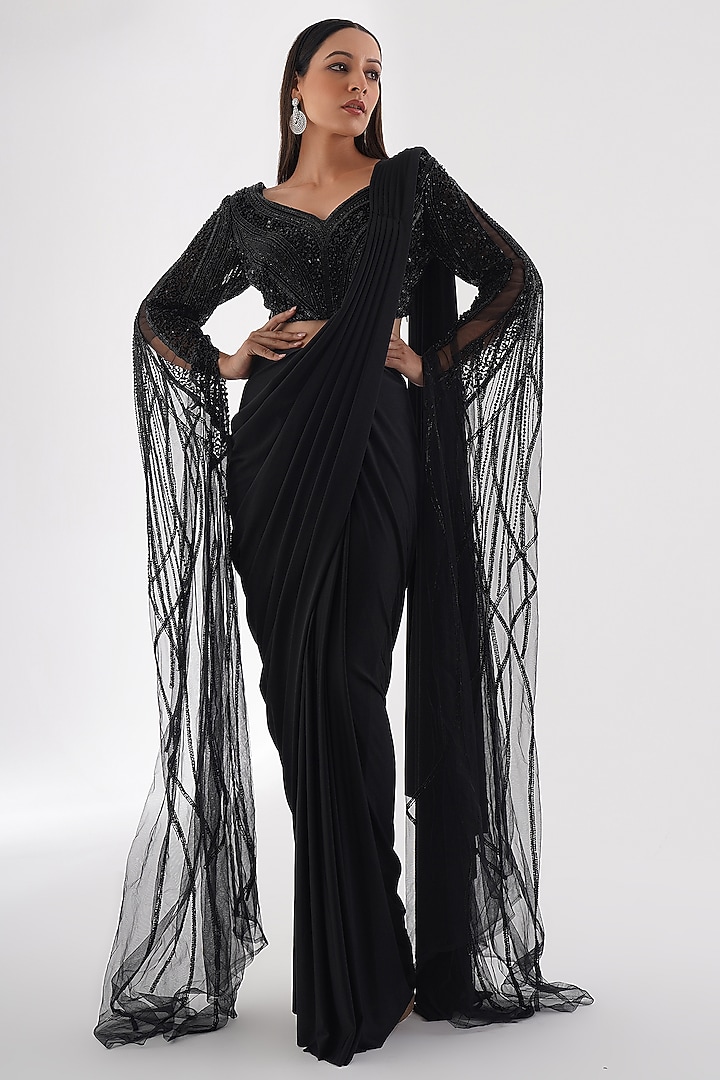 Black Lycra Wedding Saree Set by Chaashni by Maansi and Ketan at Pernia's Pop Up Shop