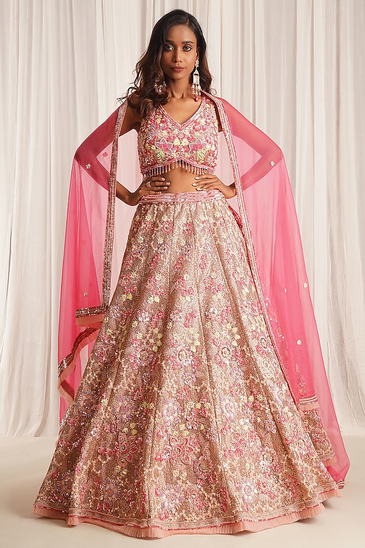 Pink Net Sequins & Cutdana Embroidered Wedding Lehenga Set by Chaashni by Maansi and Ketan at Pernia's Pop Up Shop
