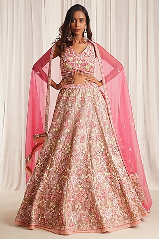 Pink Net Sequins & Cutdana Embroidered Lehenga Set by Chaashni by Maansi and Ketan