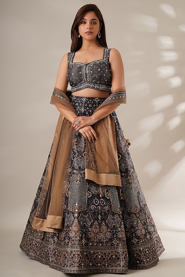 Blue Silk Printed & Sequins Embroidered Lehenga Set by Chaashni by Maansi and Ketan