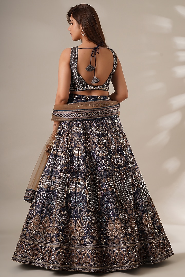Blue Silk Printed & Sequins Embroidered Wedding Lehenga Set by Chaashni by Maansi and Ketan at Pernia's Pop Up Shop