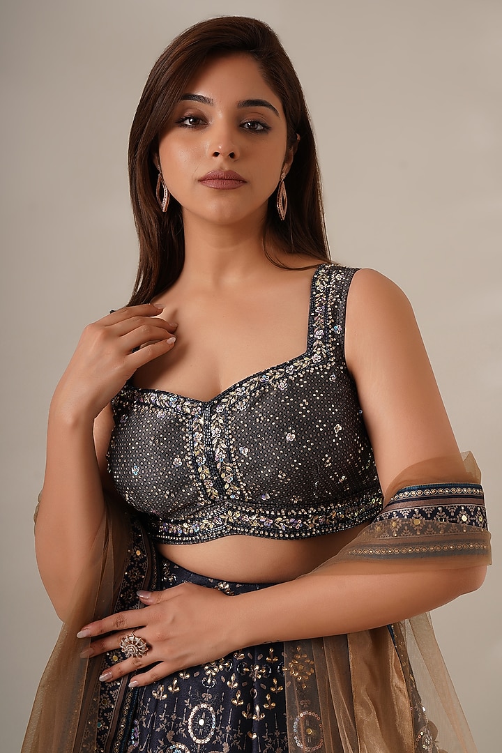 Blue Silk Printed & Sequins Embroidered Wedding Lehenga Set by Chaashni by Maansi and Ketan at Pernia's Pop Up Shop