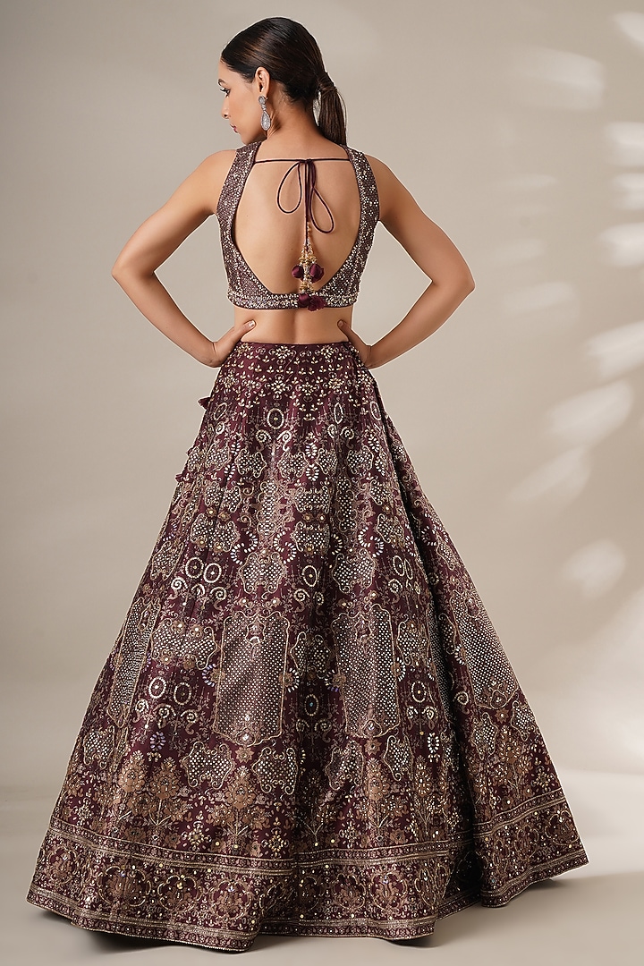 Wine Silk Printed & Sequins Embroidered Wedding Lehenga Set by Chaashni by Maansi and Ketan at Pernia's Pop Up Shop