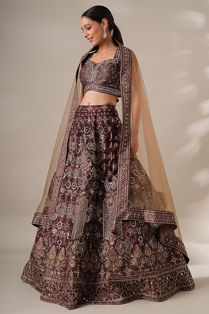 Wine Silk Printed & Sequins Embroidered Wedding Lehenga Set by Chaashni by Maansi and Ketan at Pernia's Pop Up Shop
