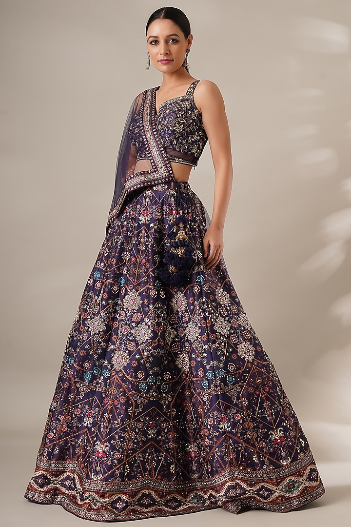 Purple Silk Printed & Sequins Embroidered Wedding Lehenga Set by Chaashni by Maansi and Ketan at Pernia's Pop Up Shop