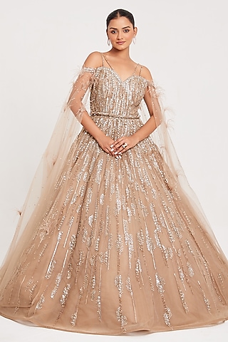 Champagne Net Cutdana & Beads Embellished Gown by Chaashni by Maansi and Ketan