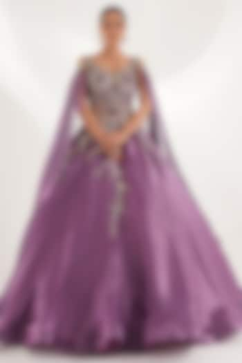 Purple Organza Cutdana & Pearl Embellished Gown by Chaashni by Maansi and Ketan at Pernia's Pop Up Shop