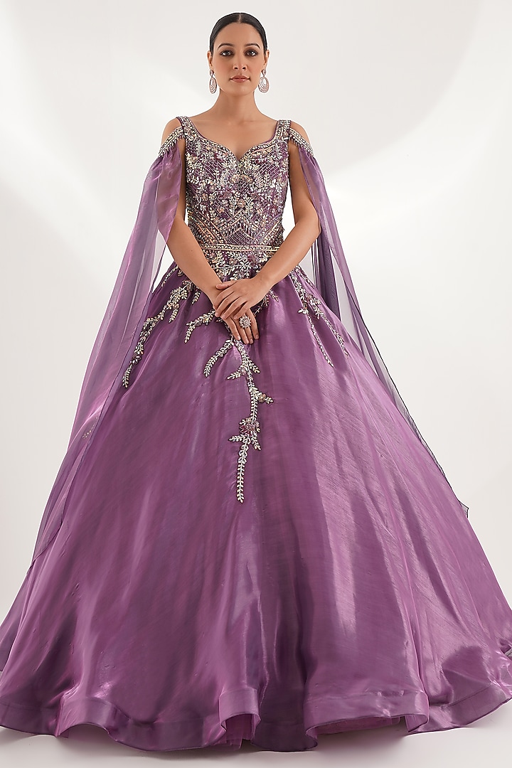 Purple Organza Cutdana & Pearl Embellished Gown by Chaashni by Maansi and Ketan at Pernia's Pop Up Shop