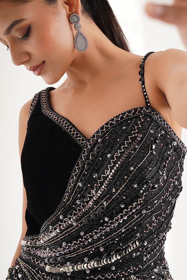 Black Velvet & Net Cutdana & Beads Embellished Engagement Gown by Chaashni by Maansi and Ketan at Pernia's Pop Up Shop