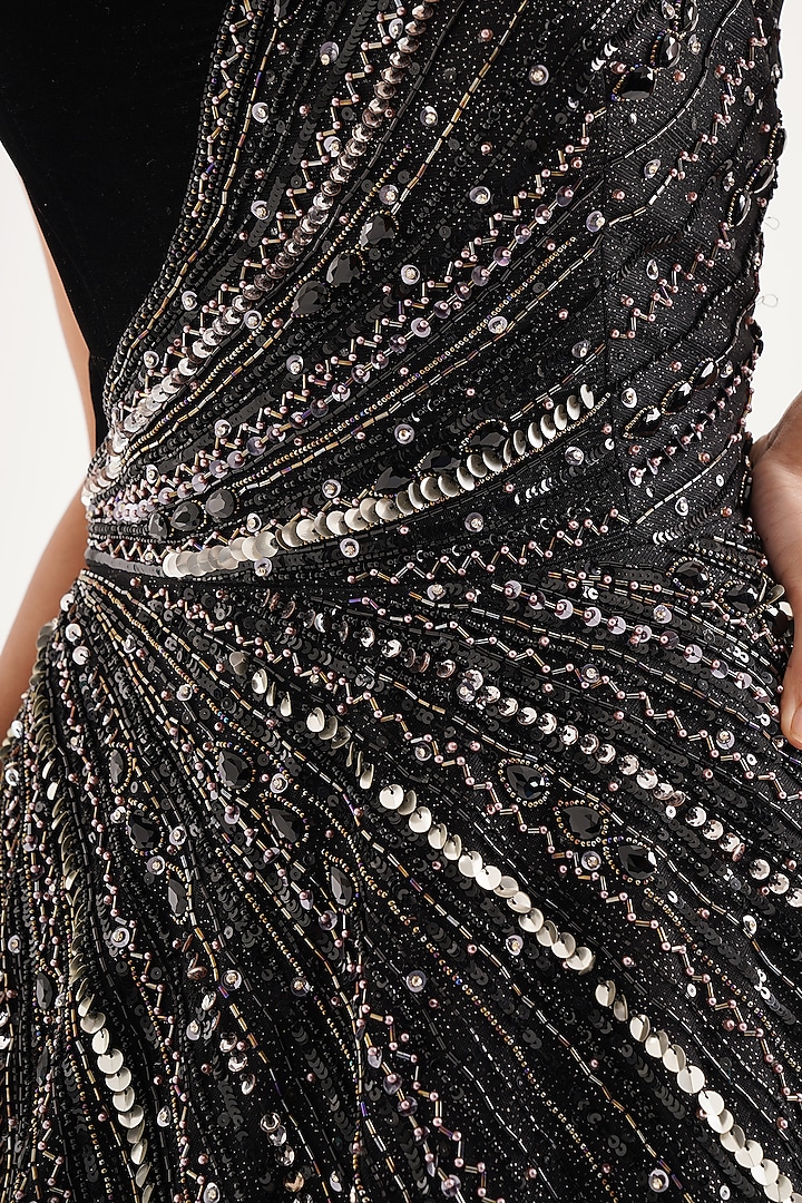 Black Velvet & Net Cutdana & Beads Embellished Engagement Gown by Chaashni by Maansi and Ketan at Pernia's Pop Up Shop