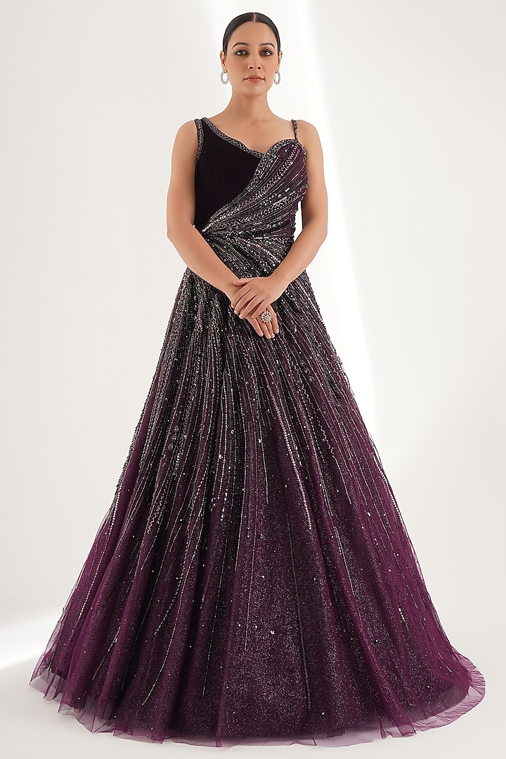 Purple Velvet & Net Cutdana & Beads Embellished Gown by Chaashni by Maansi and Ketan at Pernia's Pop Up Shop