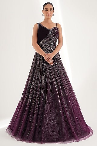 Purple Velvet & Net Cutdana & Beads Embellished Gown by Chaashni by Maansi and Ketan