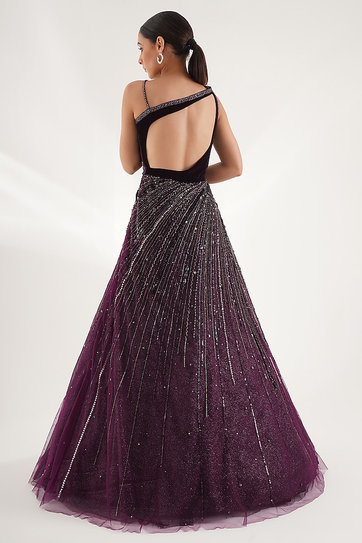 Purple Velvet & Net Cutdana & Beads Embellished Engagement Gown by Chaashni by Maansi and Ketan at Pernia's Pop Up Shop