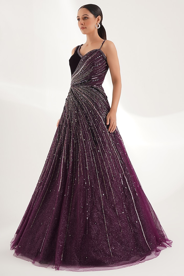 Purple Velvet & Net Cutdana & Beads Embellished Engagement Gown by Chaashni by Maansi and Ketan at Pernia's Pop Up Shop