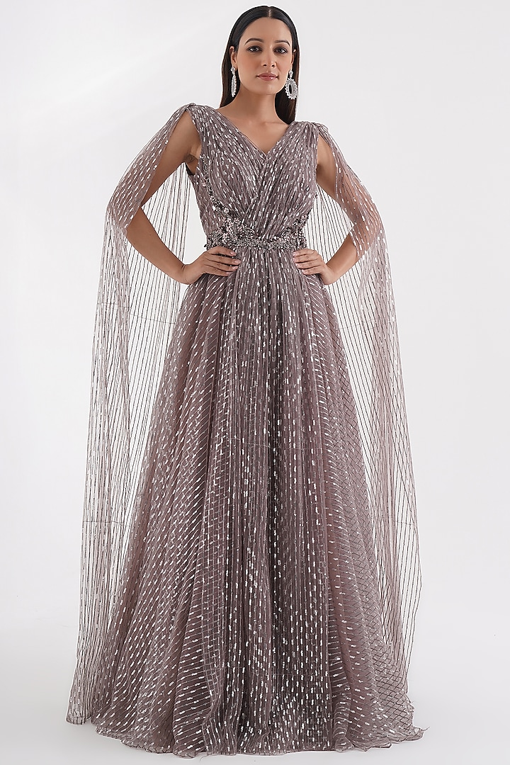 Lavender Net Sequins Embroidered Engagement Gown by Chaashni by Maansi and Ketan at Pernia's Pop Up Shop