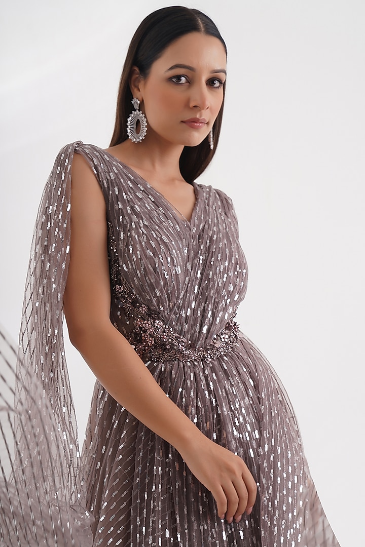 Lavender Net Sequins Embroidered Engagement Gown by Chaashni by Maansi and Ketan at Pernia's Pop Up Shop
