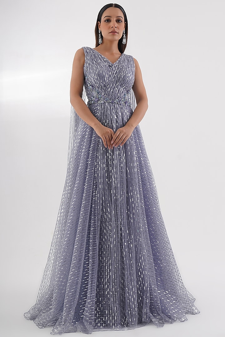 Blue Net Sequins Embroidered Gown by Chaashni by Maansi and Ketan