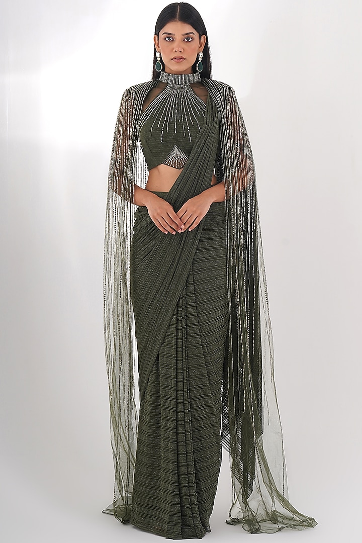 Green Lycra Pre-Draped Jacket Saree Set by Chaashni by Maansi and Ketan