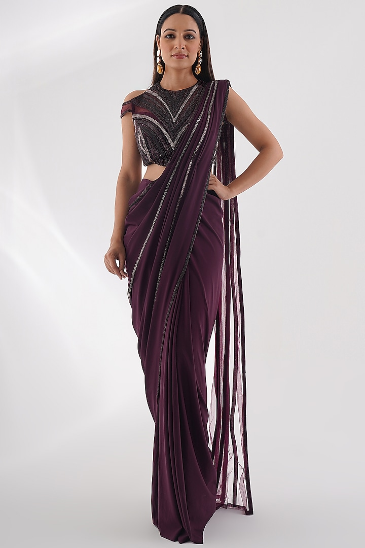 Burgundy Net Embellished Draped Saree Set by Chaashni by Maansi and Ketan