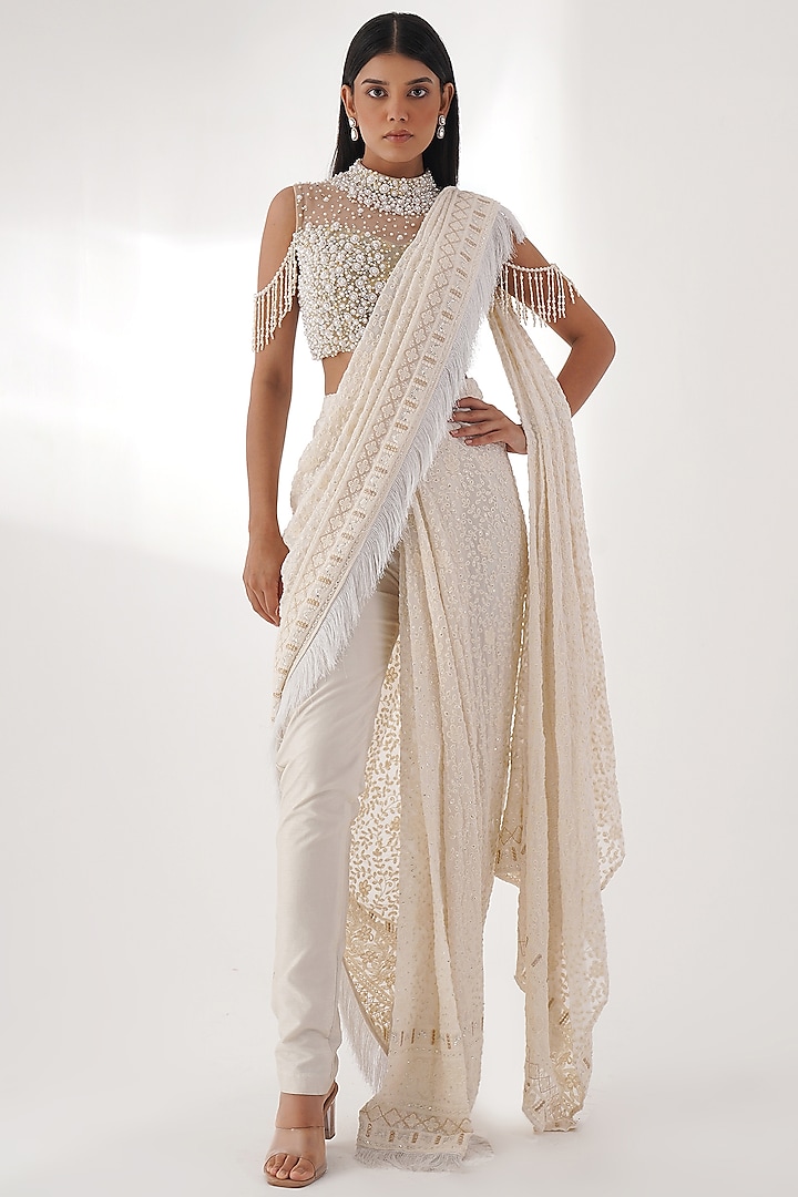 Off-White Georgette Embellished Draped Saree Set by Chaashni by Maansi and Ketan