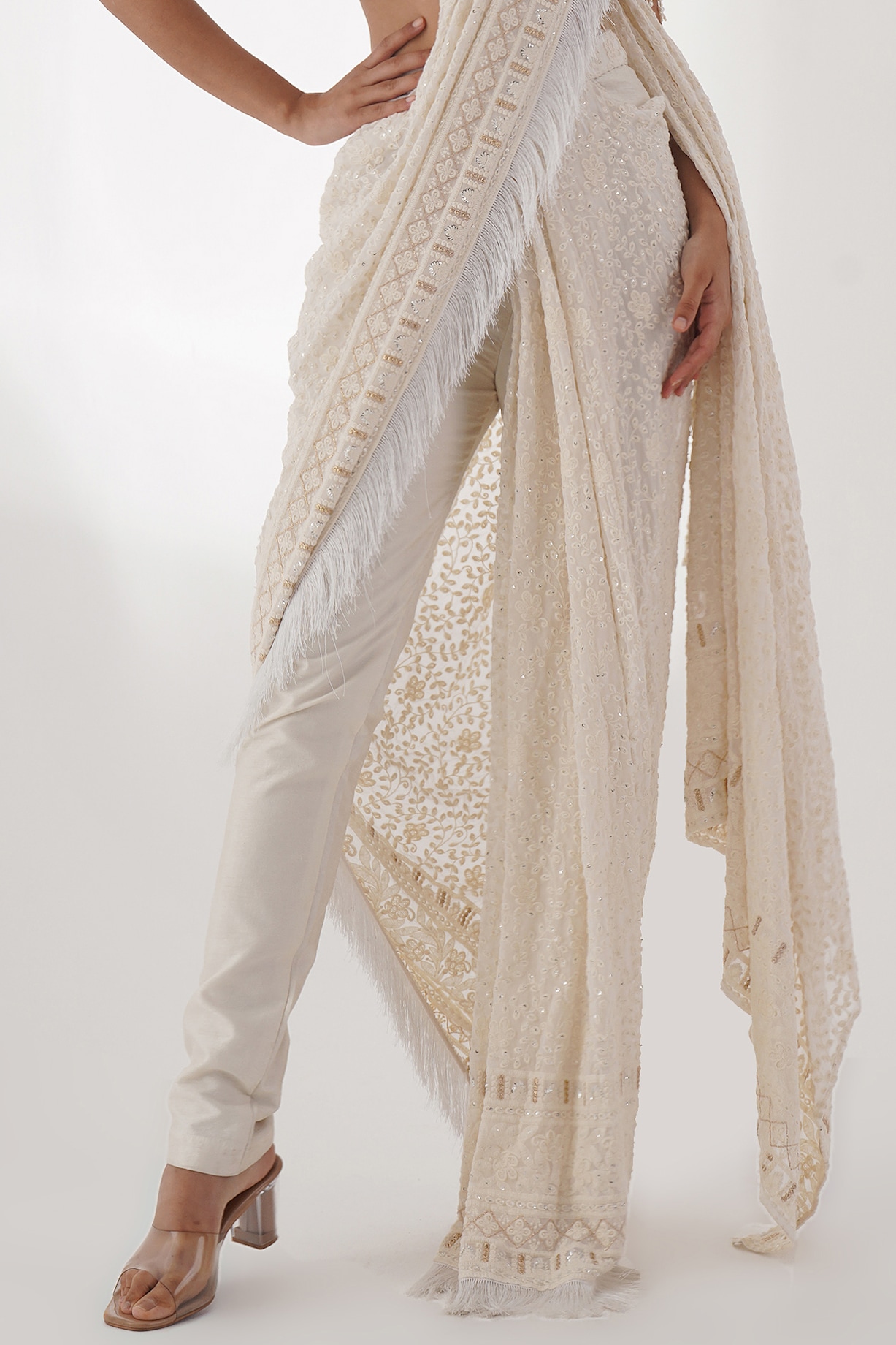 Off White Dhoti Saree In Lace With Ready Stitched Georgette Pallu And  Embellished Belt Online - Kalki Fashion