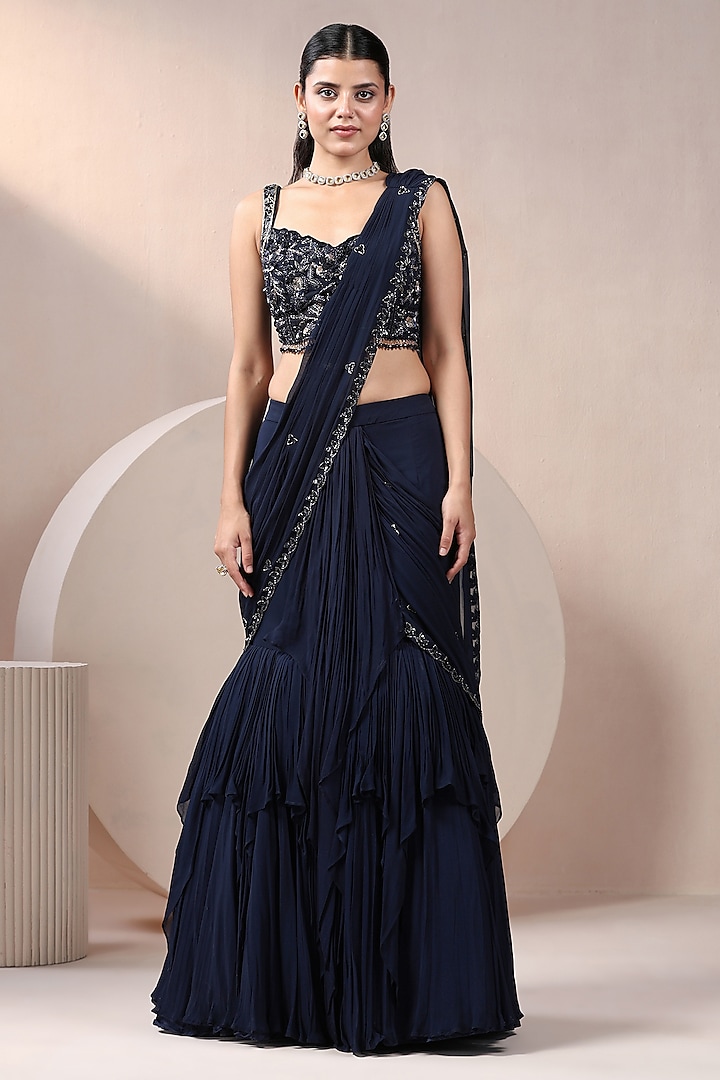 Navy Blue Georgette Sequined Lehenga Saree Set by Chaashni by Maansi and Ketan