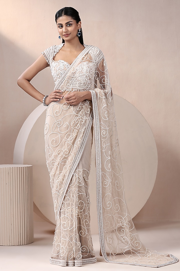 Nude Net Embellished Saree Set by Chaashni by Maansi and Ketan at Pernia's Pop Up Shop