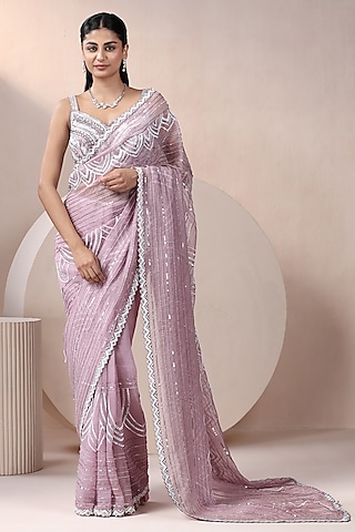 Lavender Pure Organza Embellished Saree Set by Chaashni by Maansi and Ketan