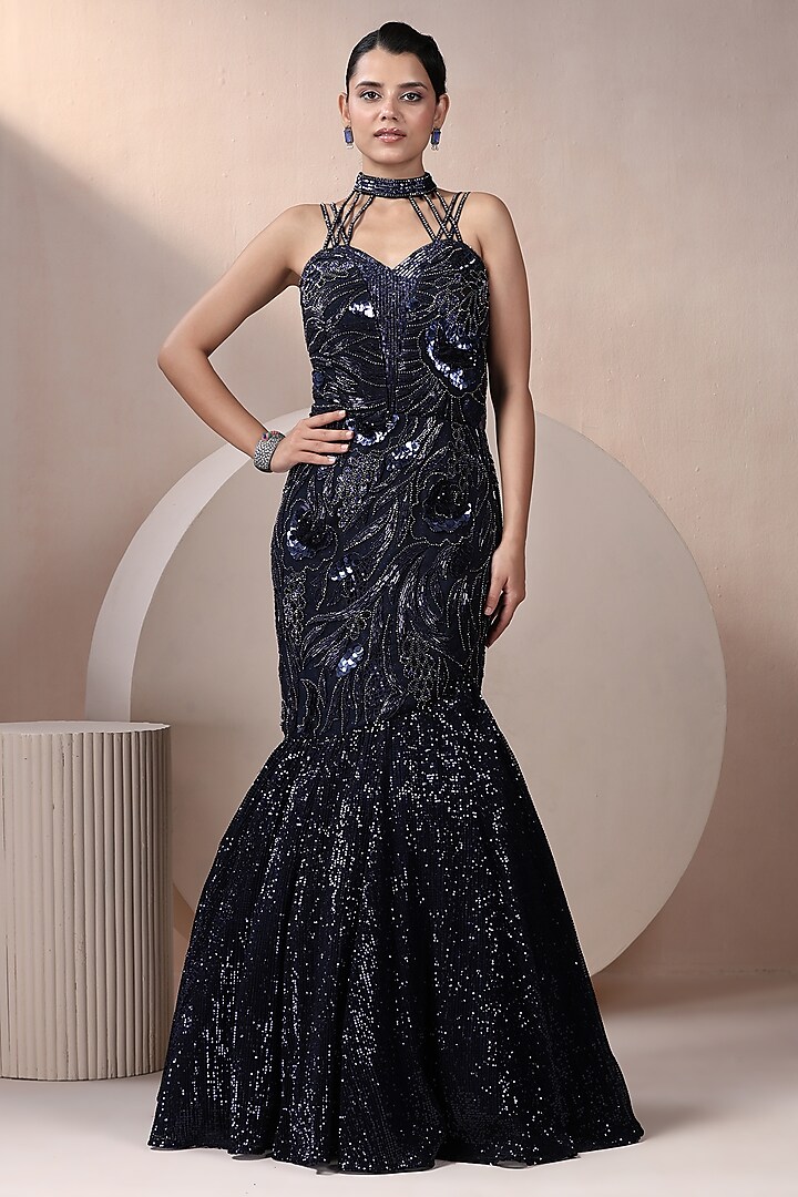 Navy Blue Sequins & Net Cutdana Embellished Gown by Chaashni by Maansi and Ketan at Pernia's Pop Up Shop