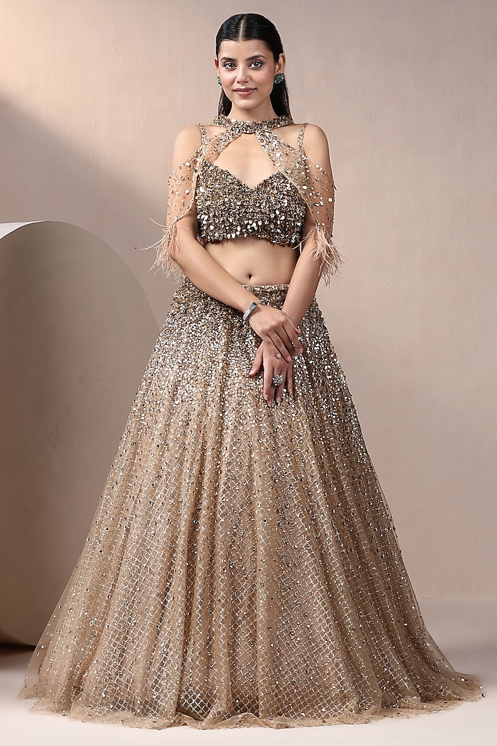 Gold Net & Glitter Fabric Jacket Lehenga Set by Chaashni by Maansi and Ketan