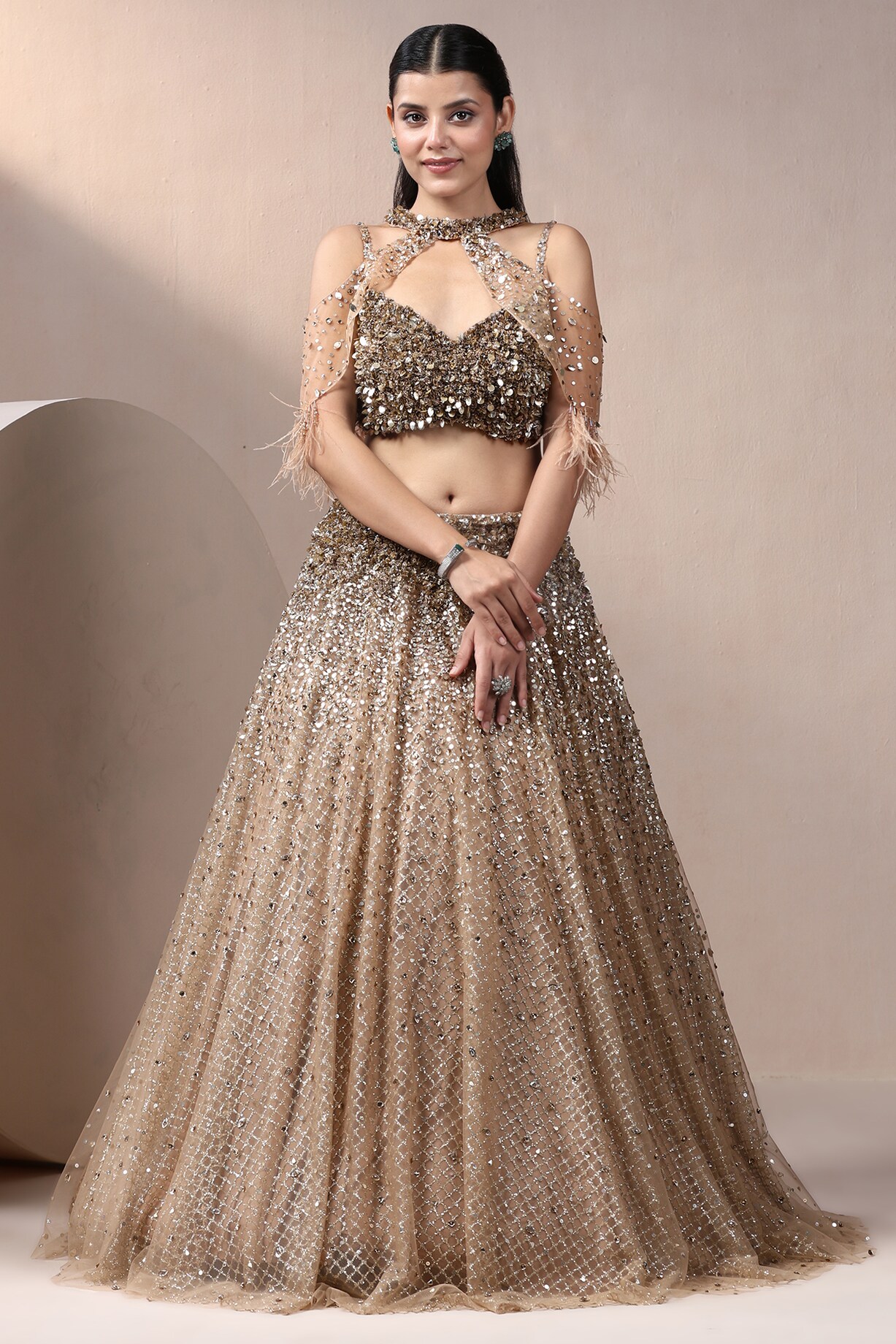 Gold Net & Glitter Fabric Jacket Wedding Lehenga Set by Chaashni by Maansi  and Ketan at Pernia's Pop Up Shop 2026