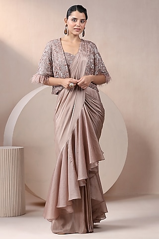 Champagne Chinon Chiffon Pearl Work Pre-Stitched Jacket Saree Set by Chaashni by Maansi and Ketan