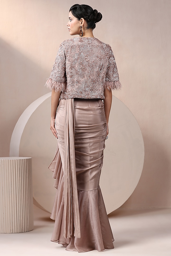 Champagne Chinon Chiffon Pearl Work Pre-Stitched Jacket Wedding Saree Set by Chaashni by Maansi and Ketan at Pernia's Pop Up Shop
