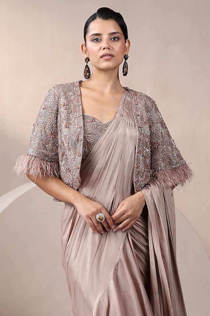 Champagne Chinon Chiffon Pearl Work Pre-Stitched Jacket Wedding Saree Set by Chaashni by Maansi and Ketan at Pernia's Pop Up Shop