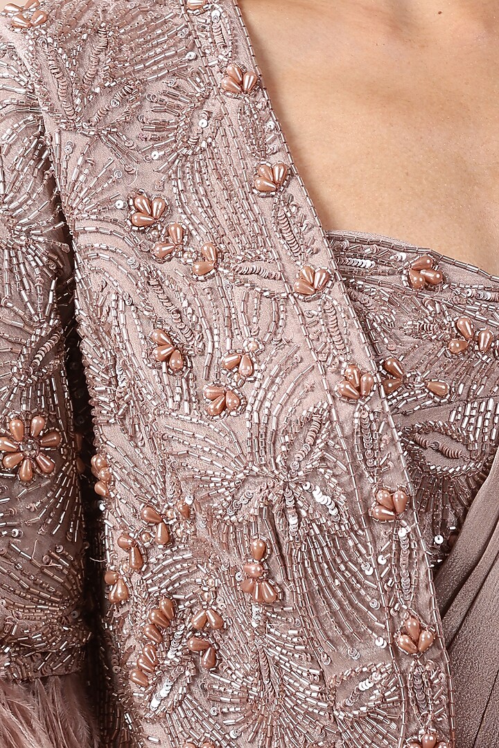 Champagne Chinon Chiffon Pearl Work Pre-Stitched Jacket Wedding Saree Set by Chaashni by Maansi and Ketan at Pernia's Pop Up Shop