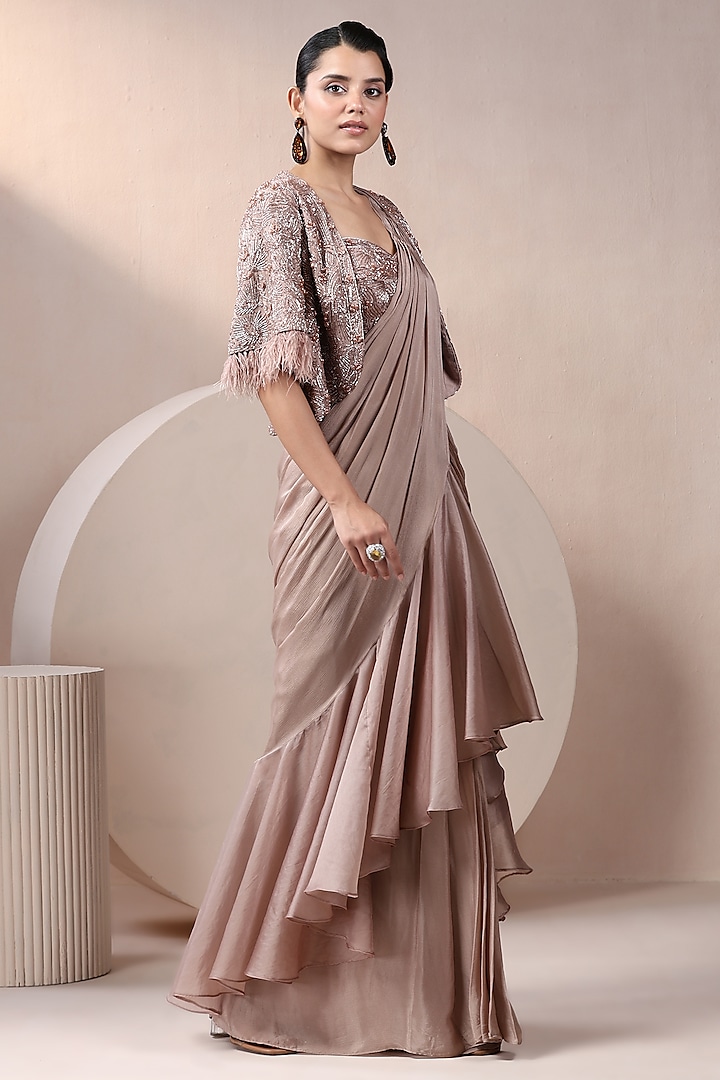 Champagne Chinon Chiffon Pearl Work Pre-Stitched Jacket Wedding Saree Set by Chaashni by Maansi and Ketan at Pernia's Pop Up Shop