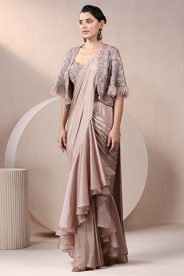 Champagne Chinon Chiffon Pearl Work Pre-Stitched Jacket Wedding Saree Set by Chaashni by Maansi and Ketan at Pernia's Pop Up Shop