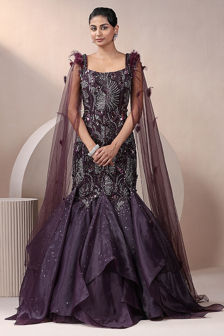 Purple Organza & Net Sequins Embellished Gown by Chaashni by Maansi and Ketan at Pernia's Pop Up Shop