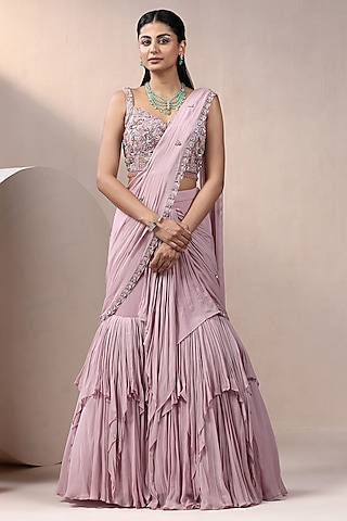 Onion Pink Georgette & Net Cutdana Work Lehenga Saree Set by Chaashni by Maansi and Ketan
