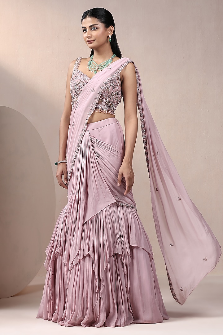 Onion Pink Georgette & Net Cutdana Work Wedding Lehenga Saree Set by Chaashni by Maansi and Ketan at Pernia's Pop Up Shop