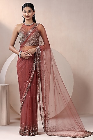 Rust Net Cutdana & Pearl Embroidered Saree Set by Chaashni by Maansi and Ketan