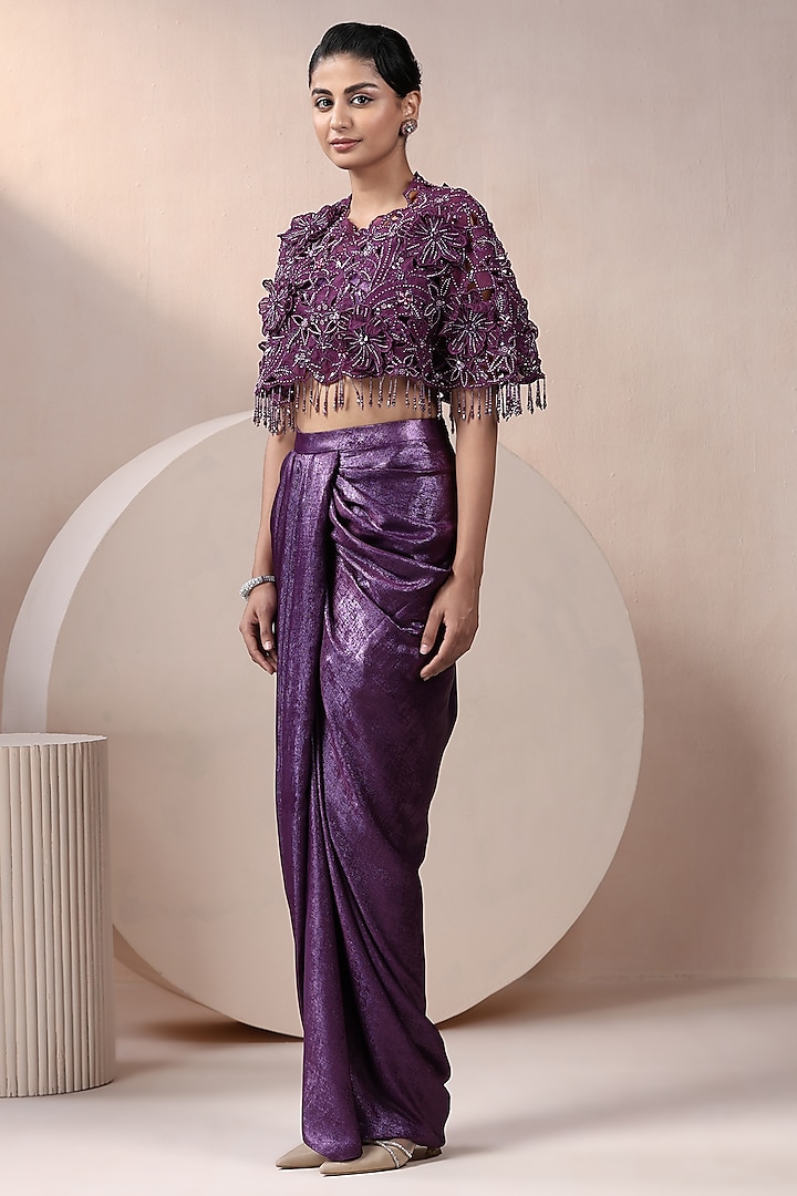 Purple Organza & Glitz Satin Dhoti Set by Chaashni by Maansi and Ketan at Pernia's Pop Up Shop