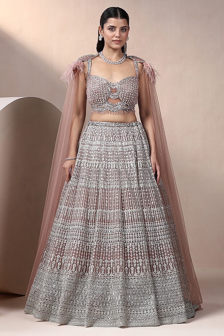 Pink Net Embroidered Wedding Lehenga Set by Chaashni by Maansi and Ketan at Pernia's Pop Up Shop