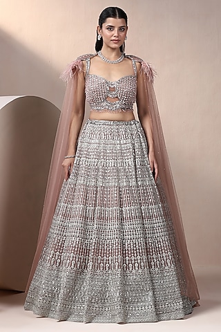 Pink Net Embroidered Lehenga Set by Chaashni by Maansi and Ketan