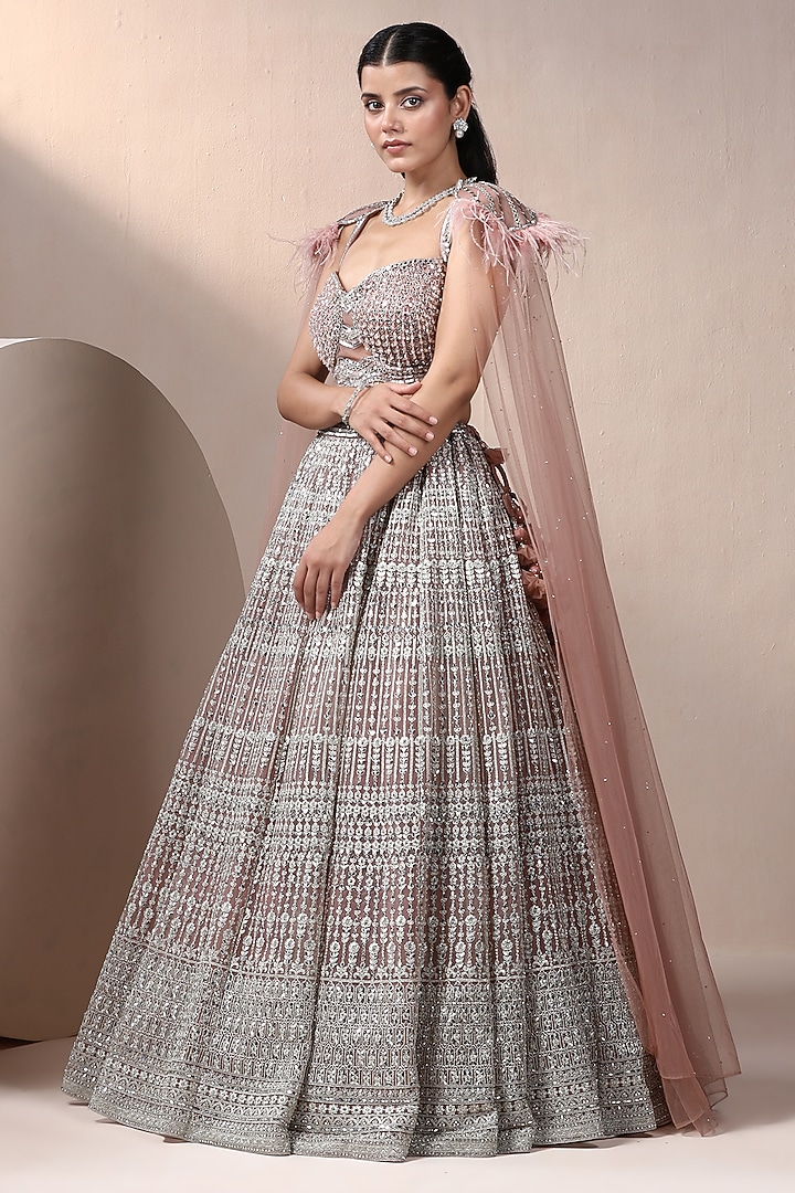 Pink Net Embroidered Wedding Lehenga Set by Chaashni by Maansi and Ketan at Pernia's Pop Up Shop