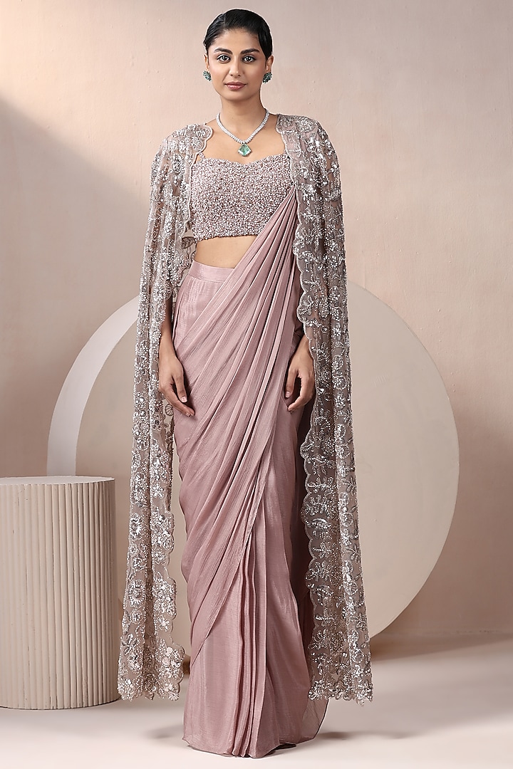 Champagne Chinon Chiffon Embellished Pre-Draped Jacket Saree Set by Chaashni by Maansi and Ketan at Pernia's Pop Up Shop